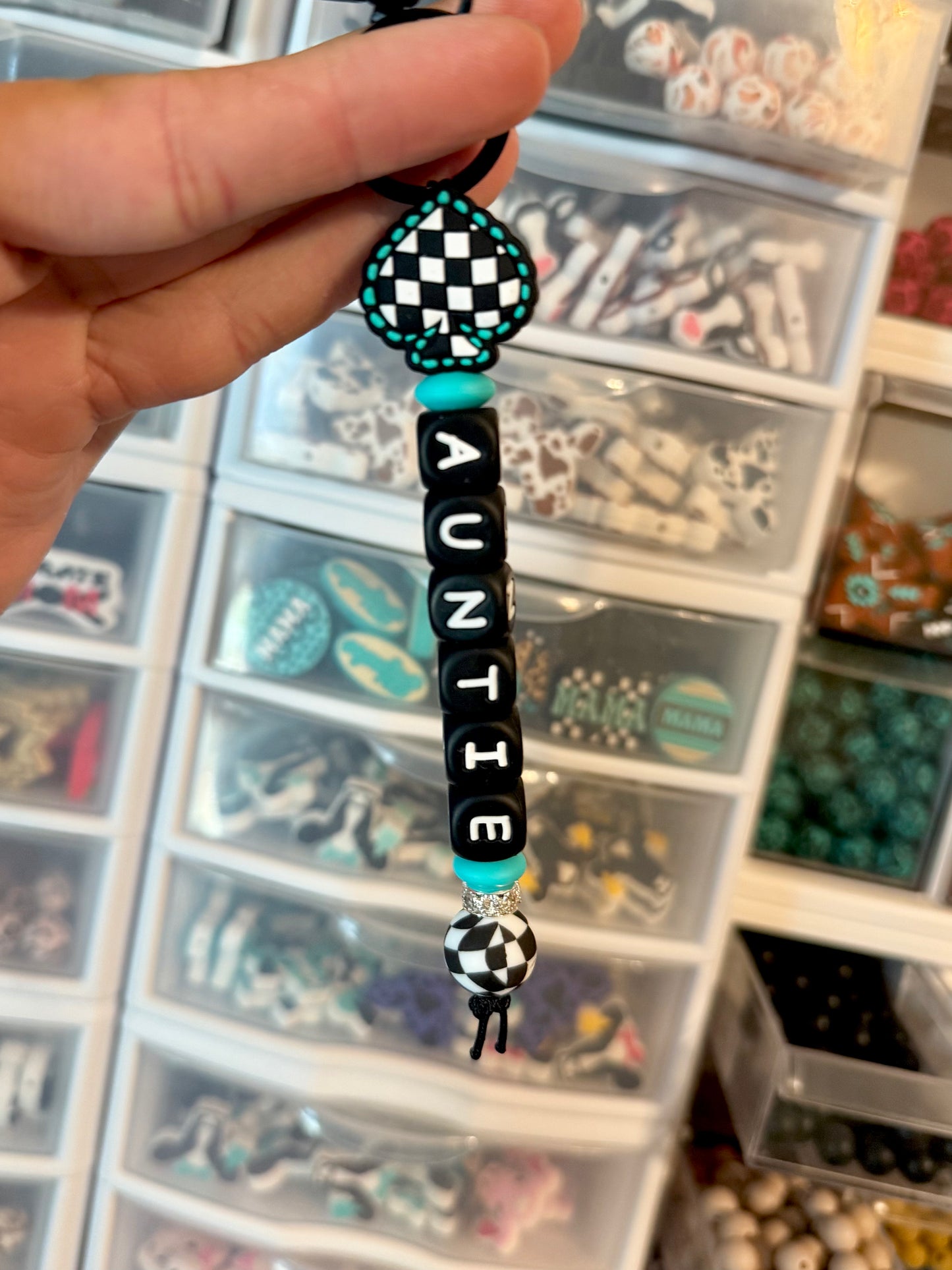 Western Checkered Turquoise Spade Custom Name Keychain