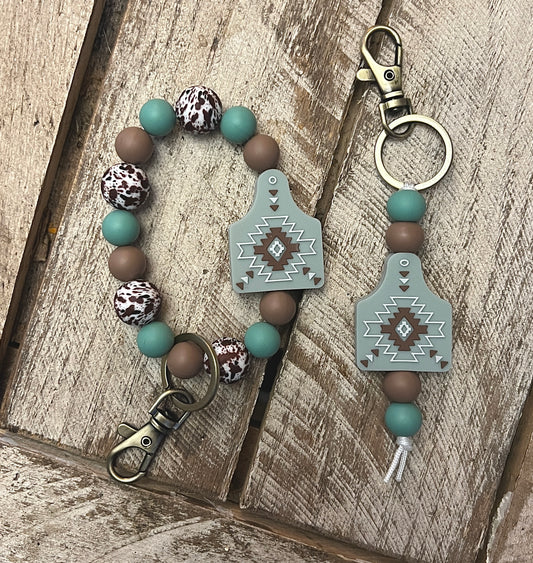 Dusty Teal Aztec Tag Keychain Set