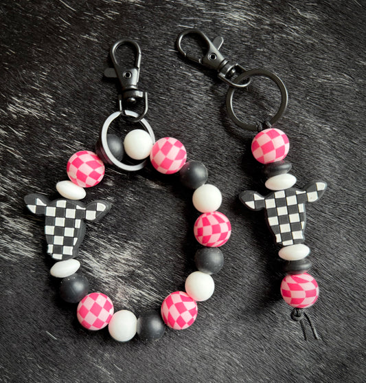 Pink Checkered Cow Keychain Set