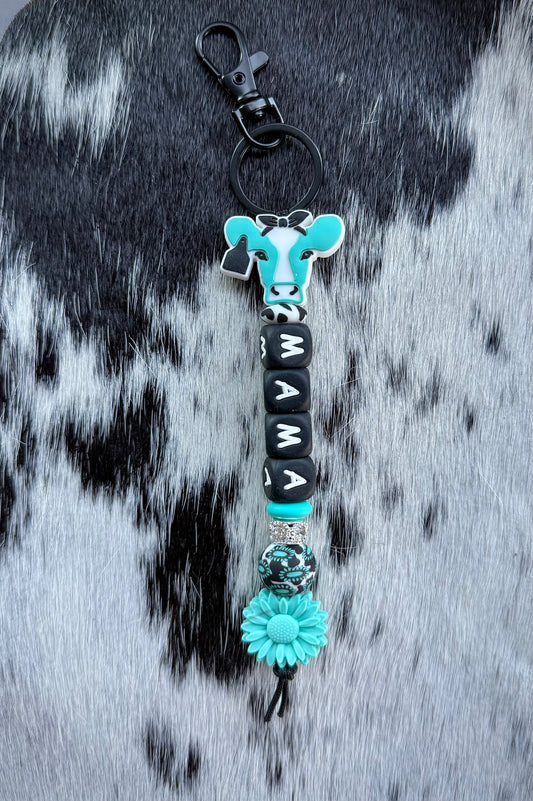 Western Concho Turquoise Flower Cow Mama Keychain