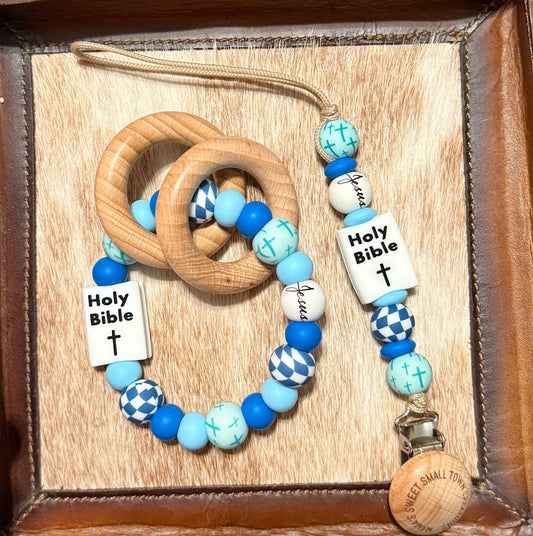 Bible Turquoise Blue Cross Teether Set