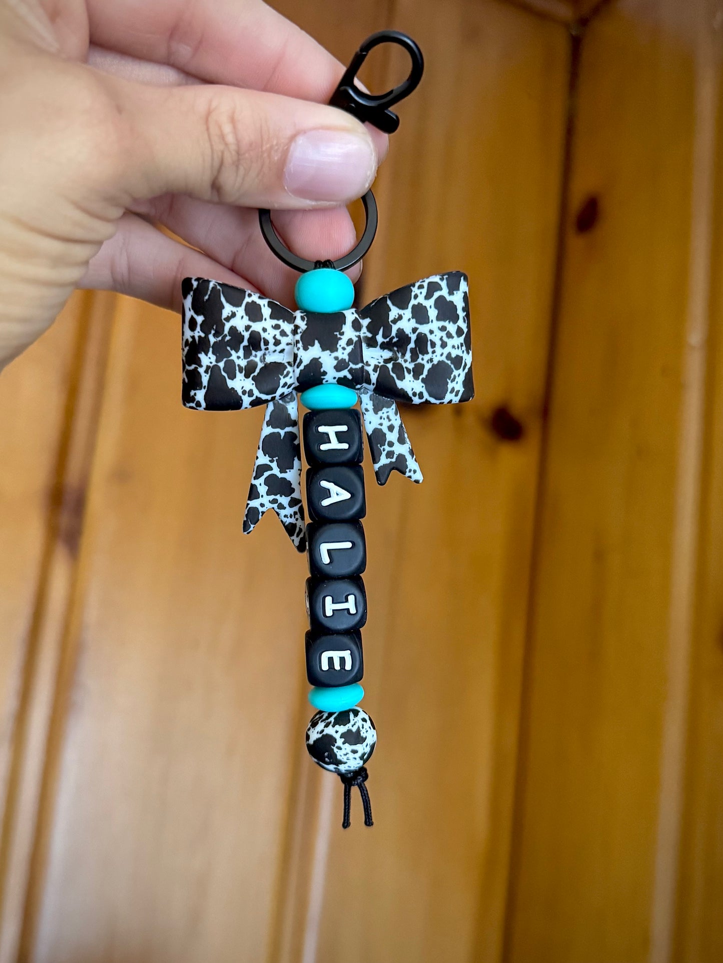Custom Name Cowhide Bow Keychain