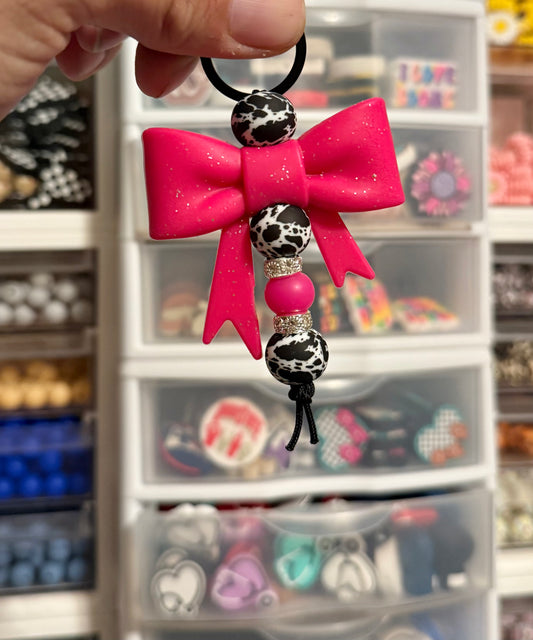 Hot Pink Glitter Black Cowhide Keychain