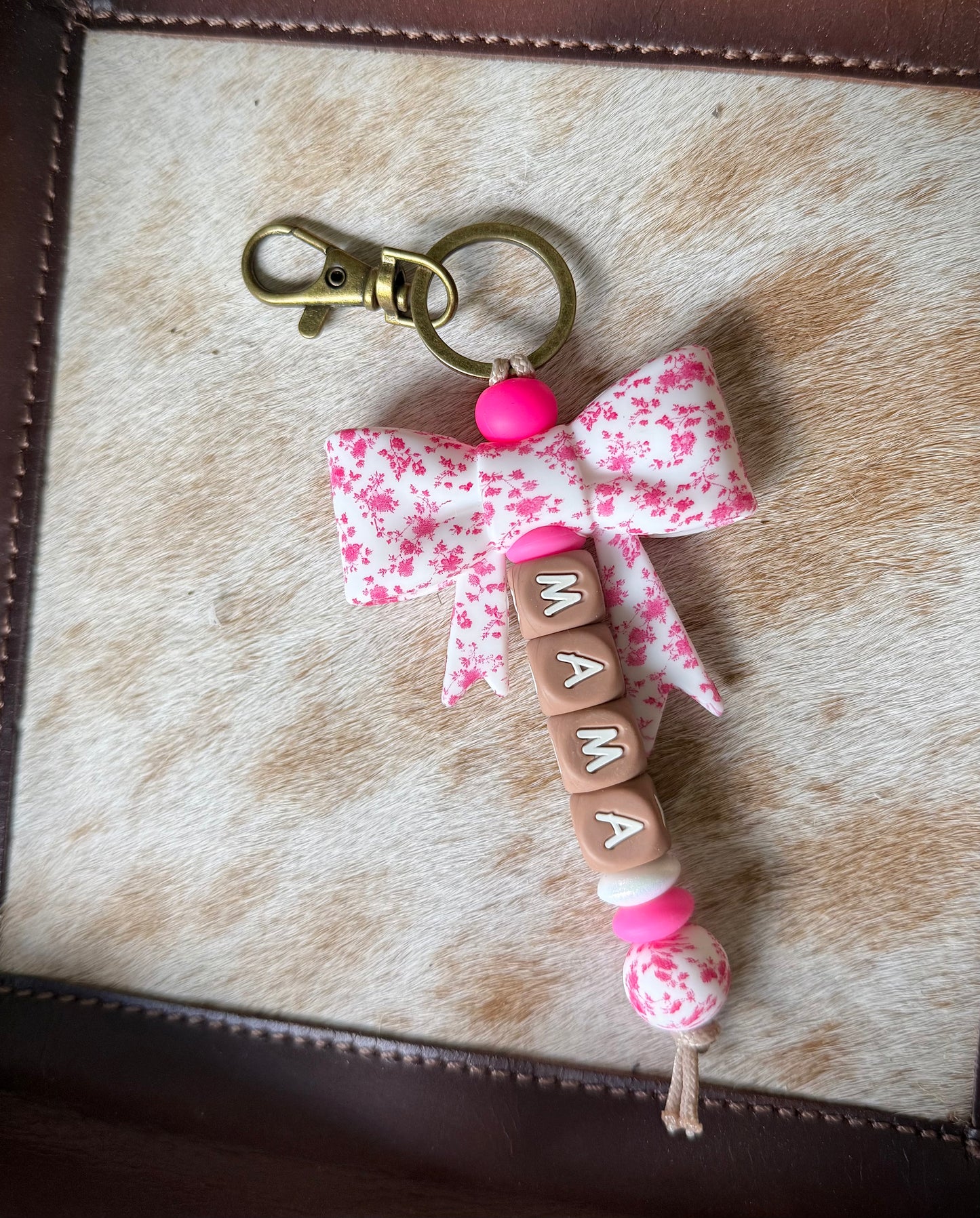 Custom Name Bright Pink Dainty Floral Bow Keychain