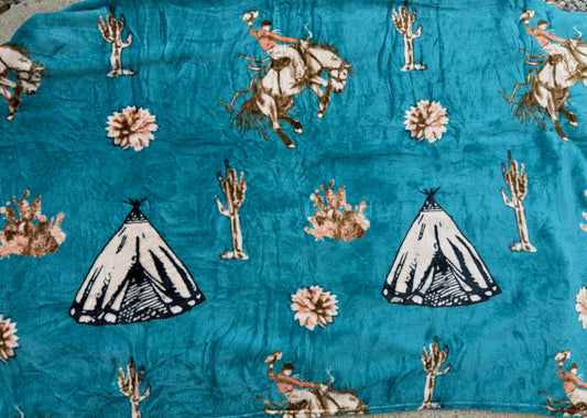 Twin Teal Cowboy Horse Cactus Thinner Style Blanket