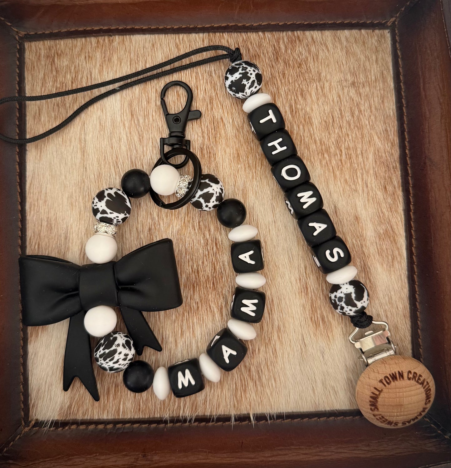 Black Bow Black Cowhide Mama & Me Custom Name