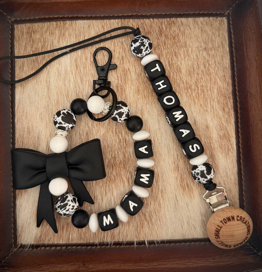 Black Bow Black Cowhide Mama & Me Custom Name