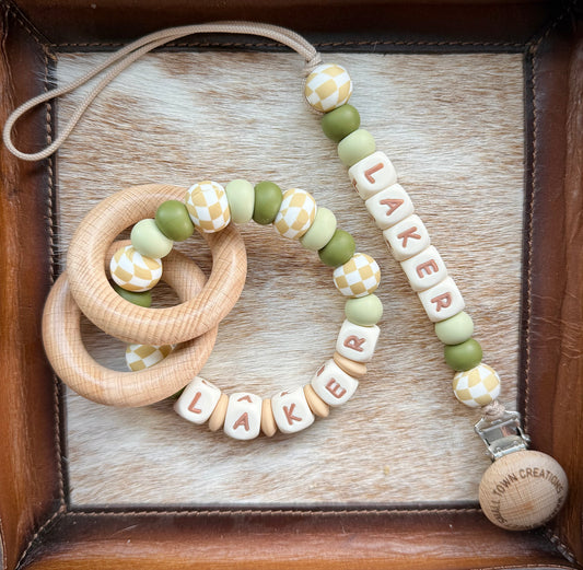 Tan Check Green Custom Name Teether Set