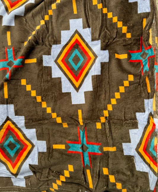 Twin Brown Yellow Red Aztec Thinner Style Blanket