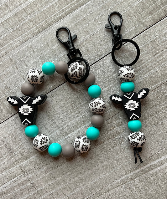 Black Aztec Cow Keychain Set