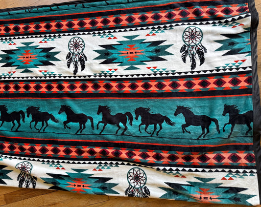 Dark Teal Dream Catcher Horse Aztec Horse Super Plush King Size Blanket