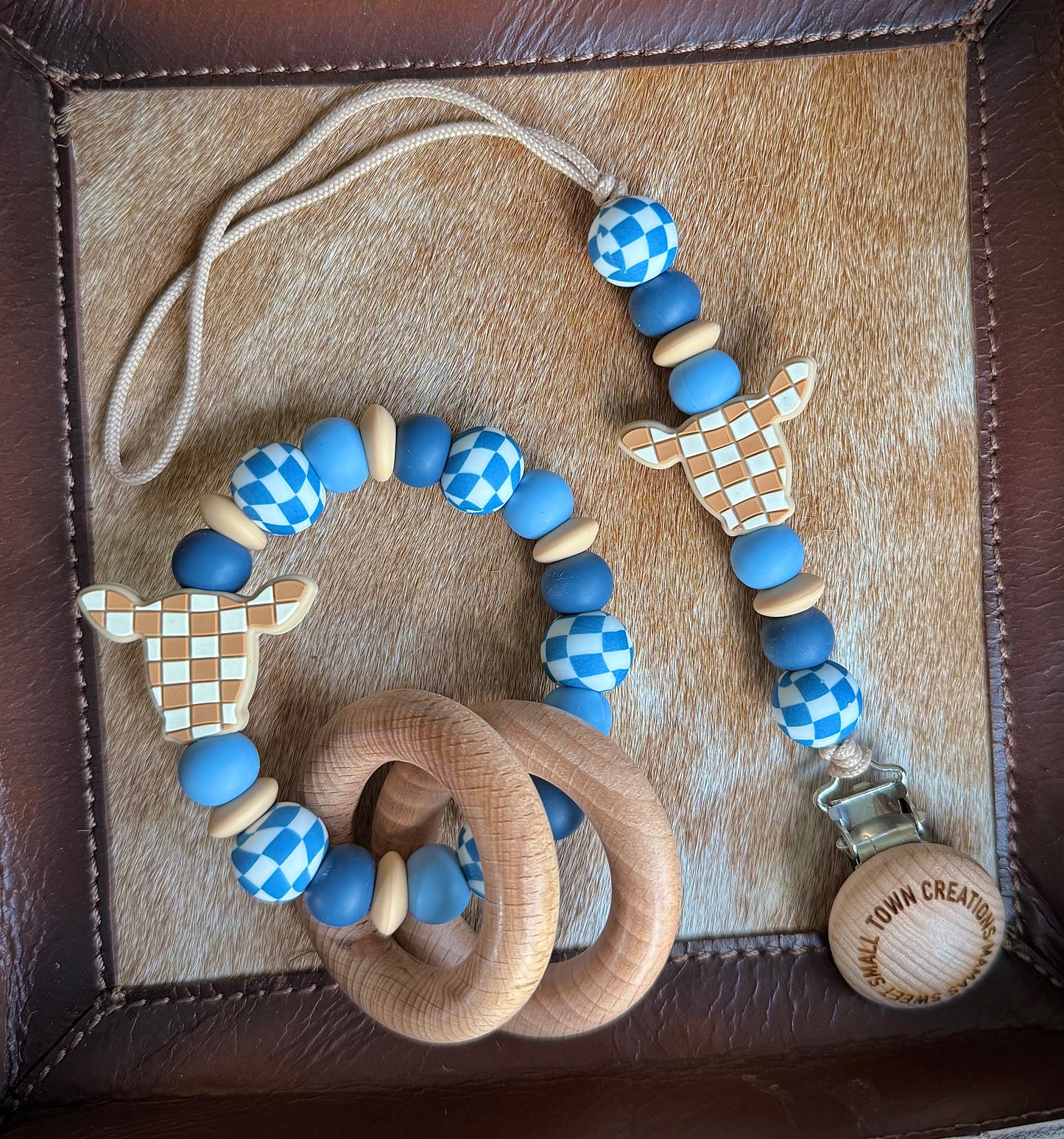 Dusty Blue Checkered Cow Teether Set