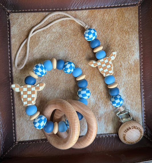 Dusty Blue Checkered Cow Teether Set