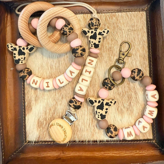 Brown/Black Pink Cowhide Custom Name Teether Set