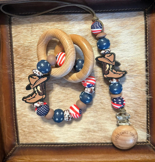 Brown Cowboy Boots Patriotic Teether Set