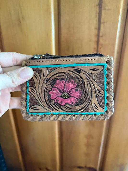 Tooled Pink Flower Cowhide Backing Coin Purse