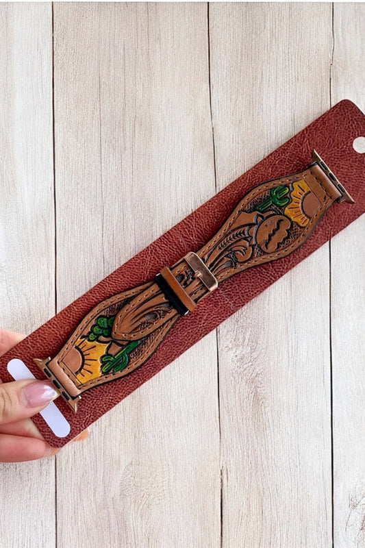Genuine Cactus Sun Tooled Leather a p p l e watch band