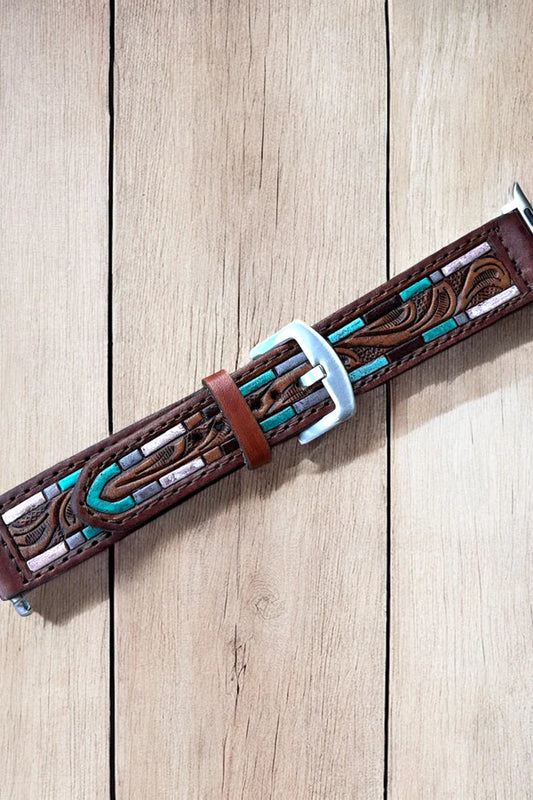 Thin Tooled Leather with Turquoise Rectangle Border