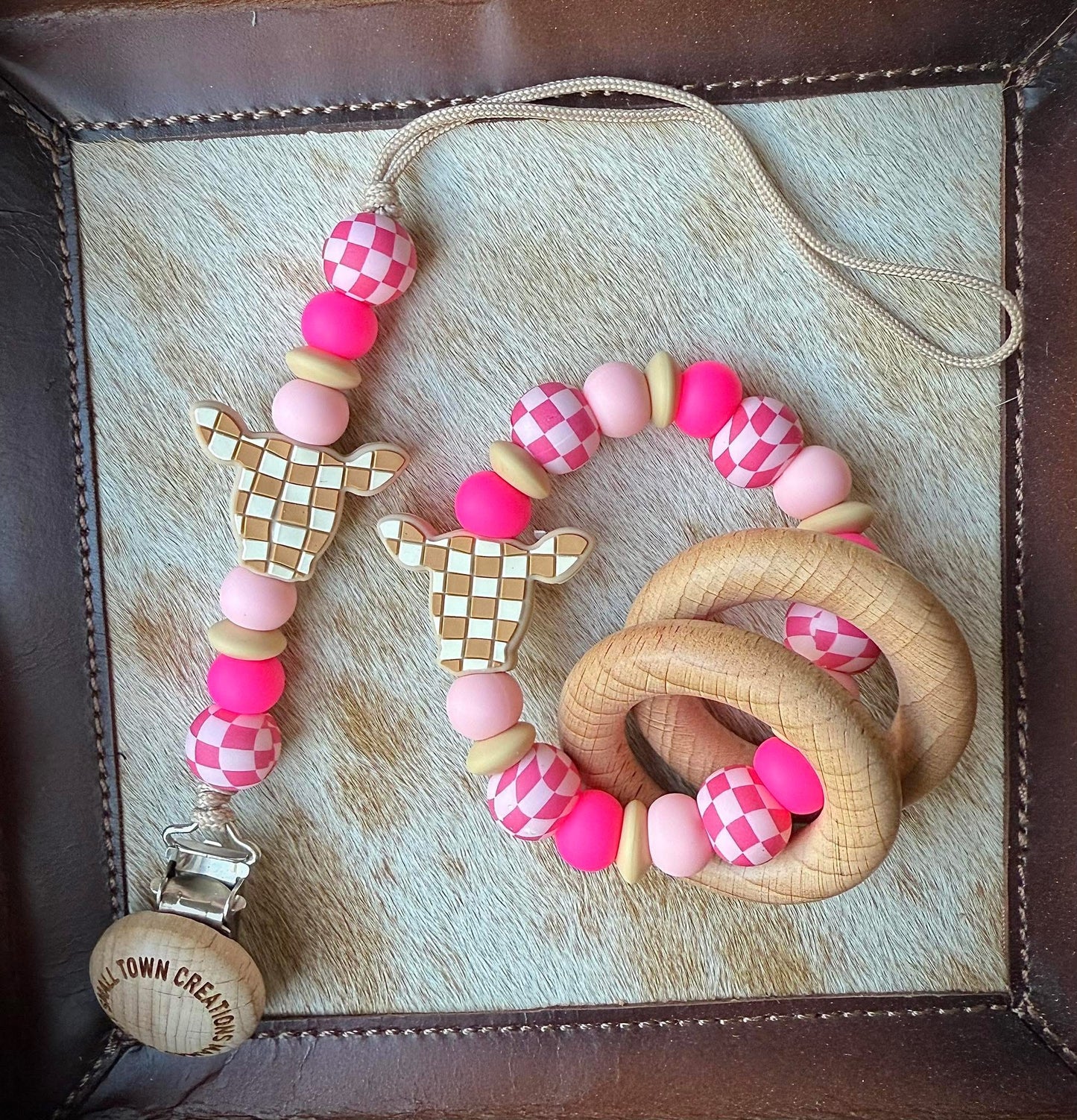 Pink and Tan Checkered Cow Teether Set
