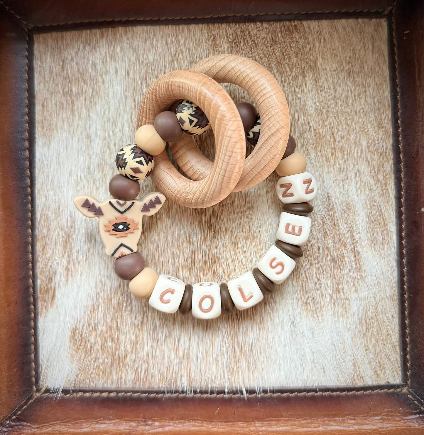 Brown Aztec Cow Teether Rattle with Name