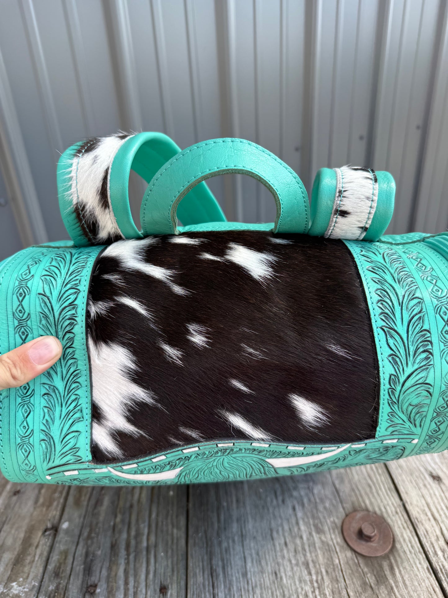 Turquoise Highland Cow Tooled Leather Black Speckled Cowhide Backpack / Diaper Bag