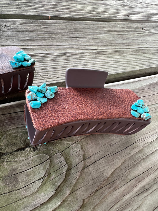 Leather with Turquoise Stone Accent Claw Clip