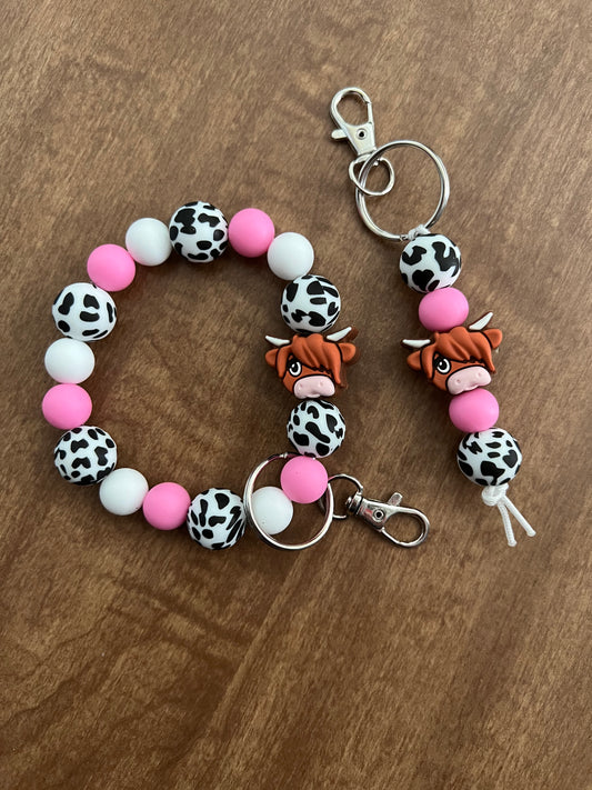 Black and white Cow Print Highland Keychain Set