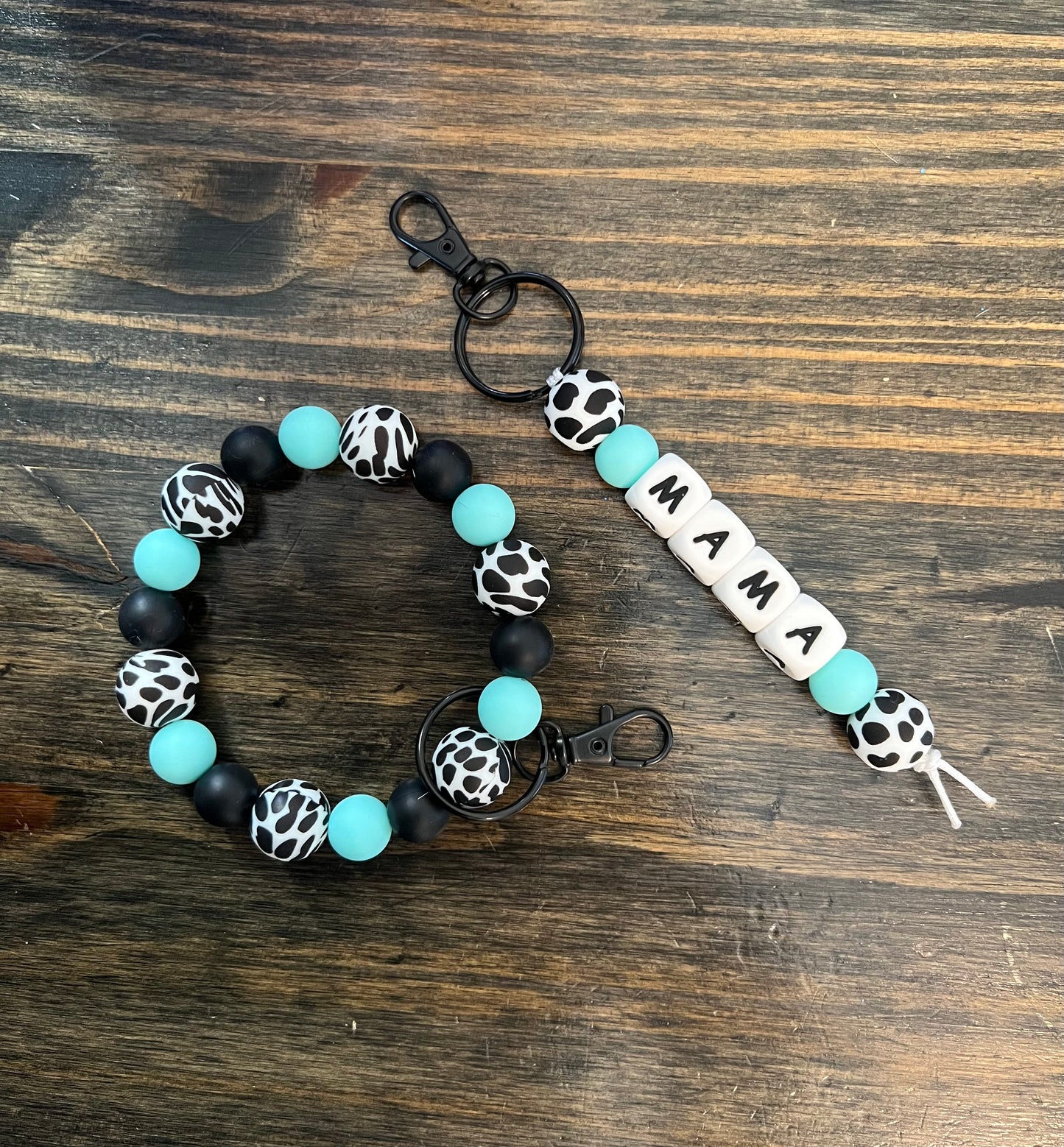 Cow Print Turquoise Mama Keychain Set