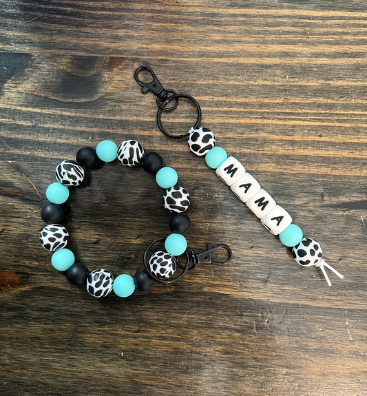 Cow Print Turquoise Mama Keychain Set