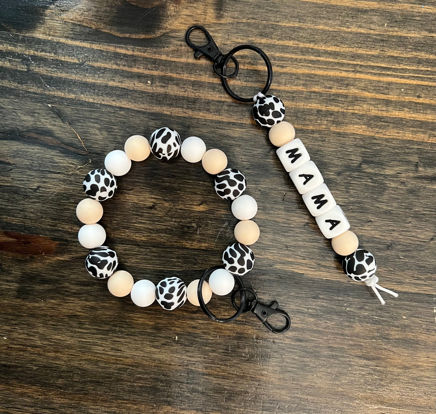 Cow Print Beige Mama Keychain Set