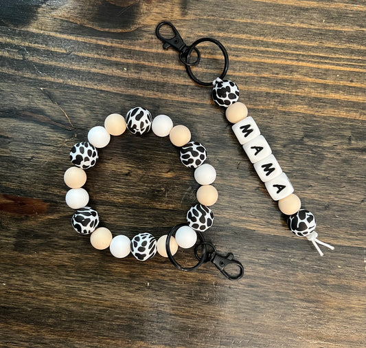 Cow Print Beige Mama Keychain Set