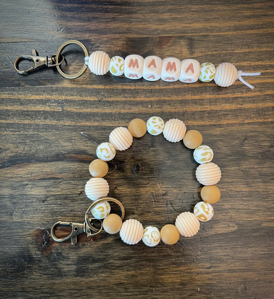 Gold Cheetah Mama Keychain Set