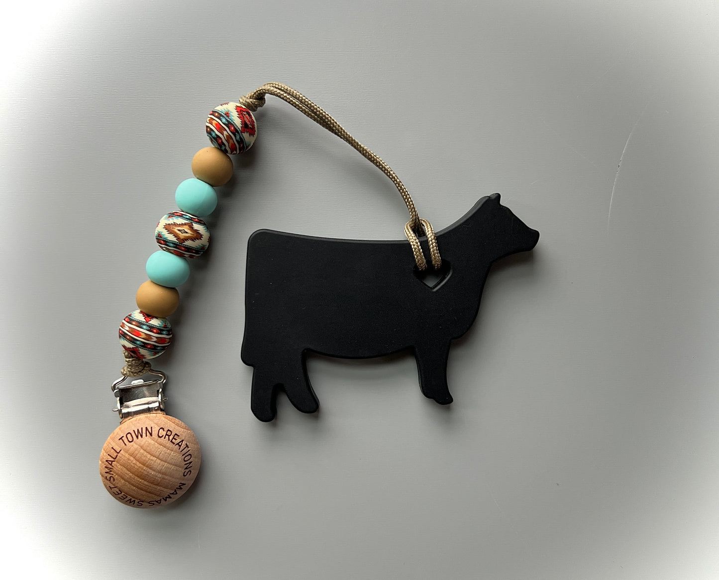 Beige Aztec Black Cow Teether Clip