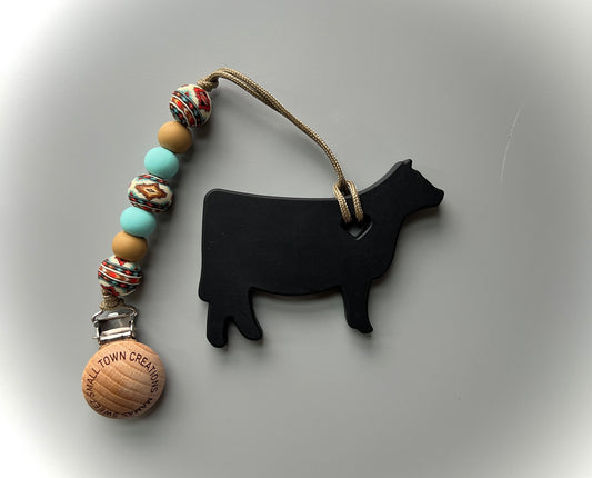 Beige Aztec Black Cow Teether Clip