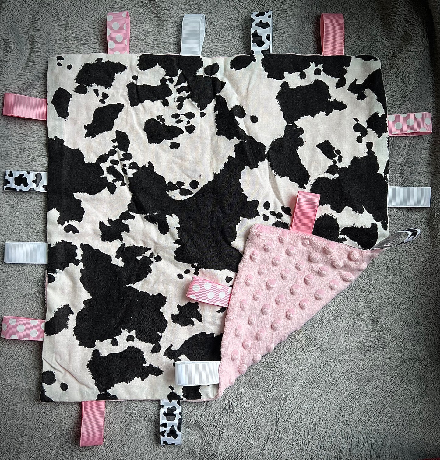 “Old” Cow Print Taggie Blanket
