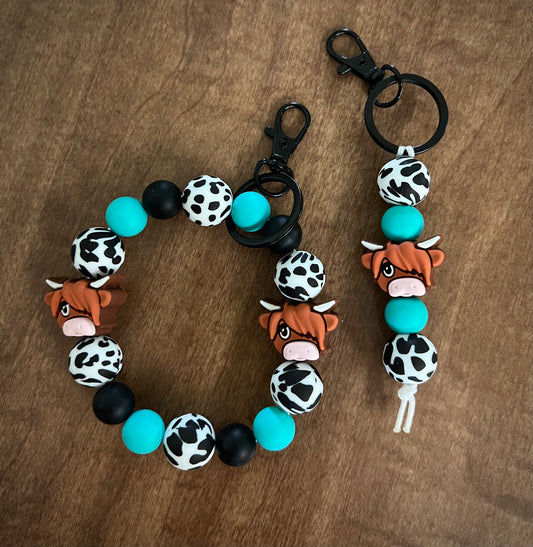 Black and white Cow Print Highland Keychain Set
