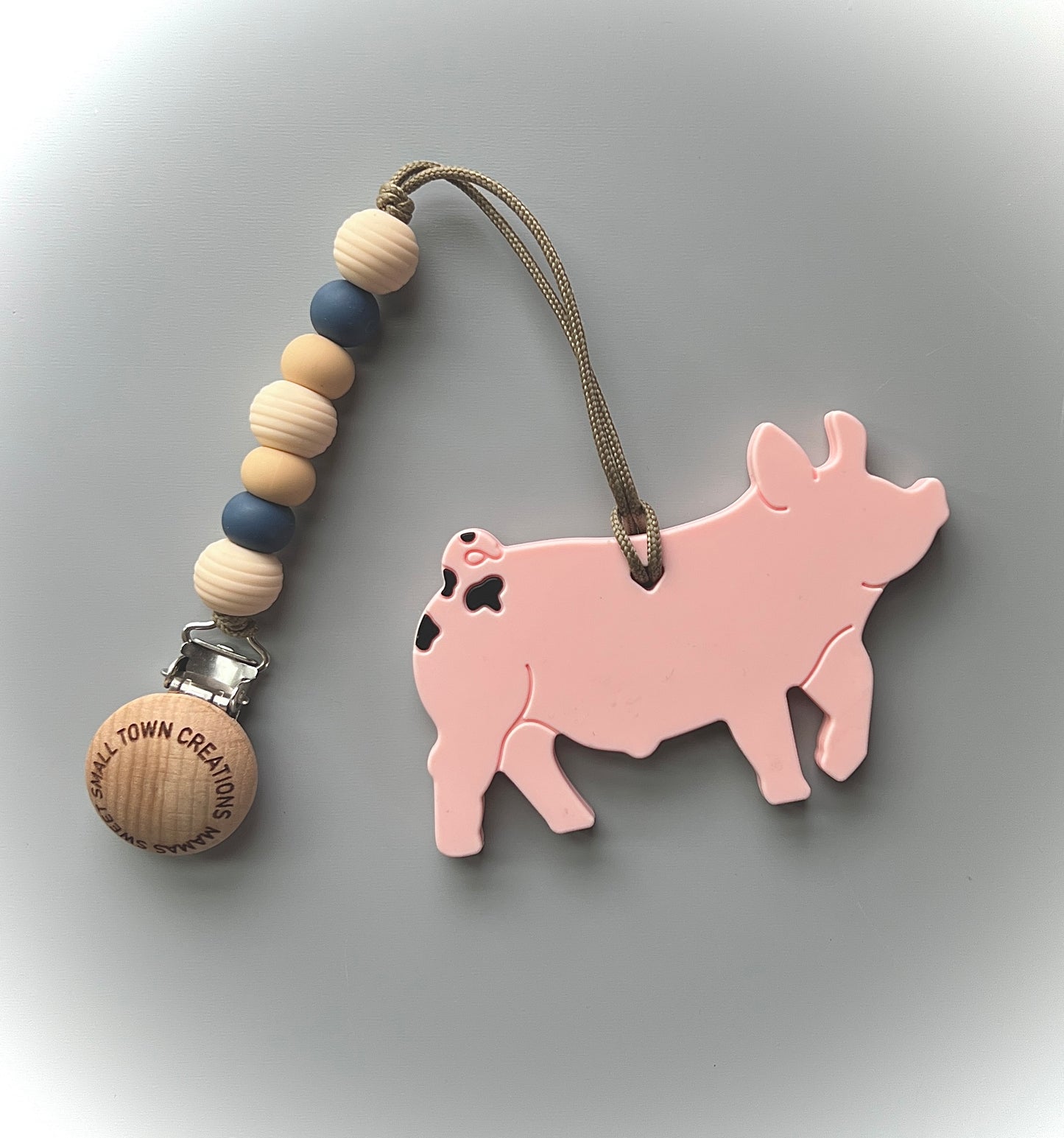 Denim Blue Pig Teether Clip