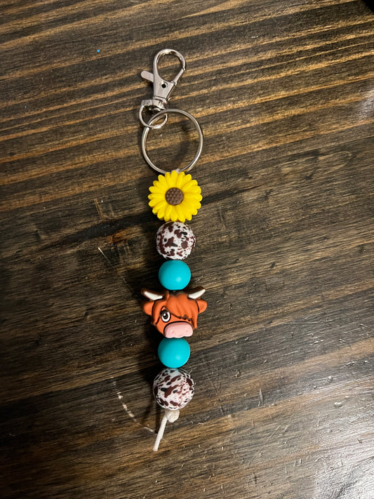Sunflower Highland Cow Keychain