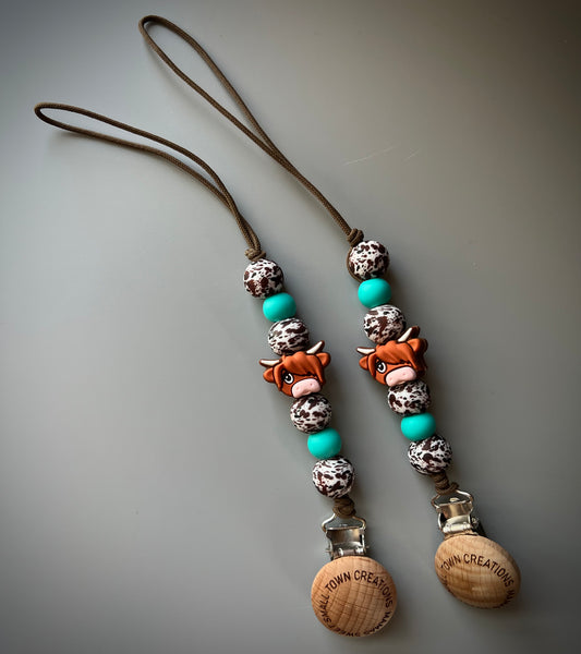 Brown Cow Print Turquoise Pacifier Holder
