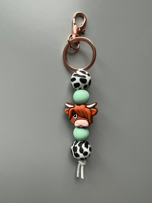 B&W Cow Print Highland Cow Keychain