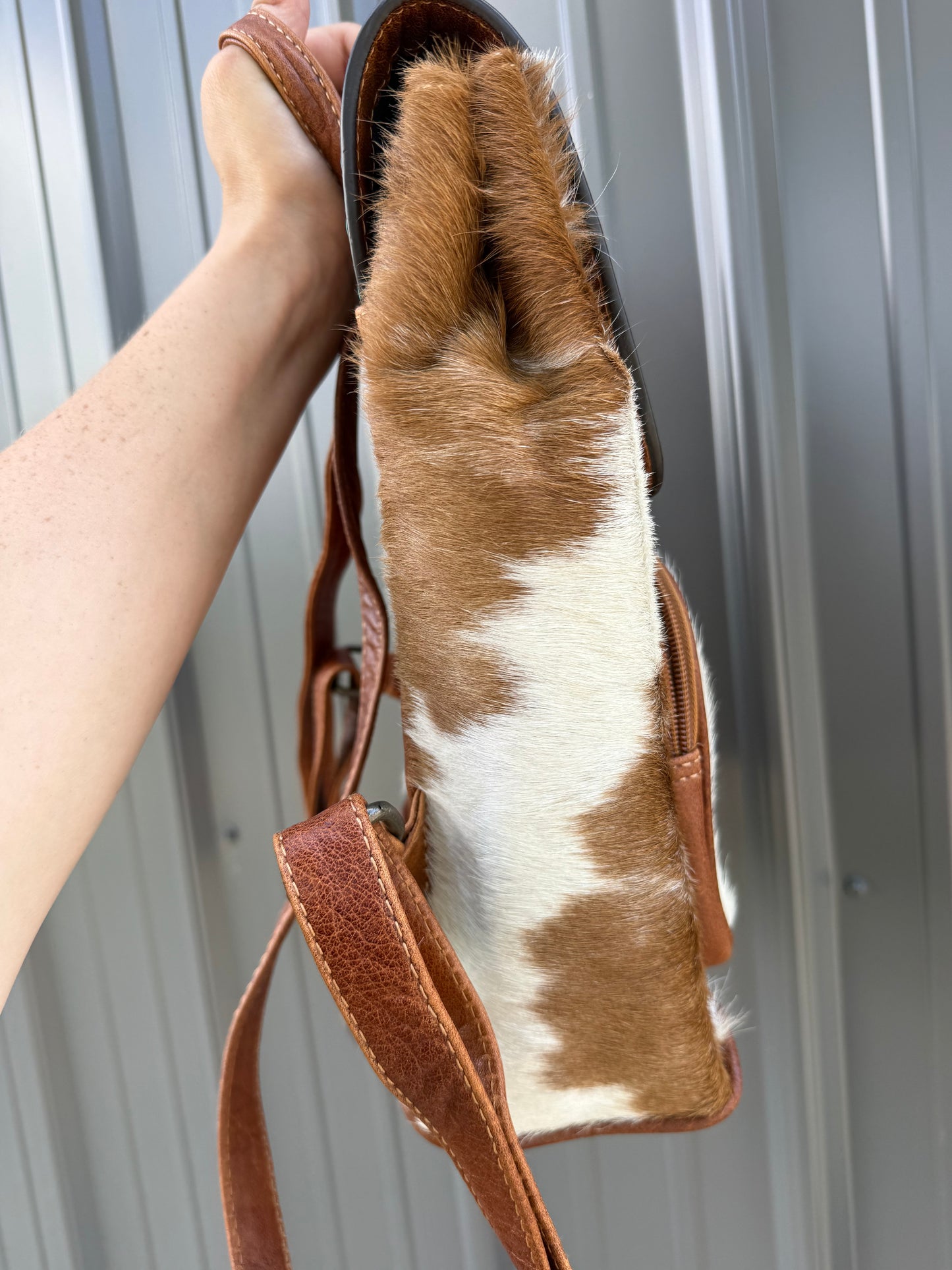 Genuine Tooled Leather Cowhide Turquoise Stone Buckle Mini Backpack