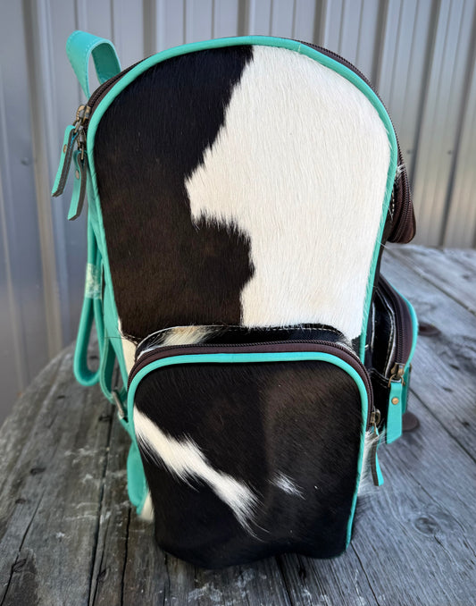 Turquoise Flower Tooled Spotted Black Cowhide Backpack / Diaper Bag