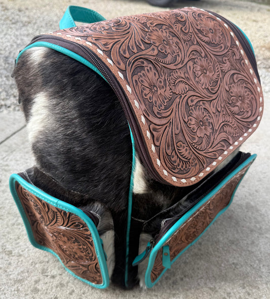 Turquoise Accent Tooled Leather Black Cowhide Backpack / Diaper Bag