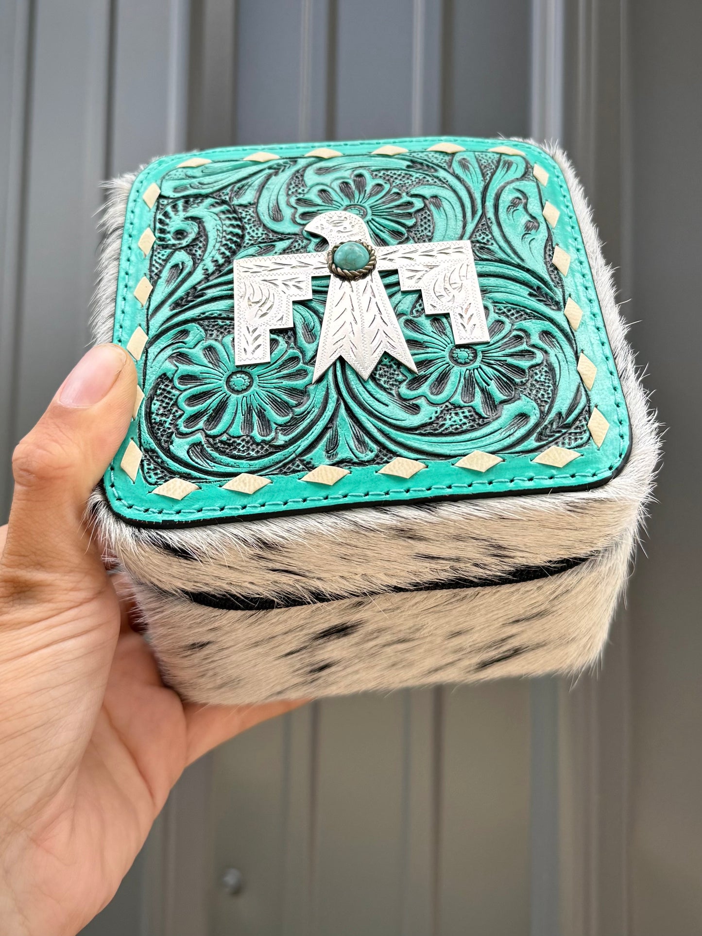Turquoise Thunderbird Salt & Peeper Speckled Cowhide Square Jewelry Zipper Box