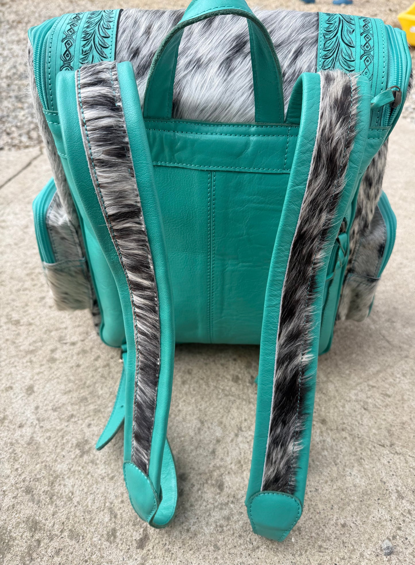 Turquoise Highland Cow Tooled Leather Black Speckled Cowhide Backpack / Diaper Bag