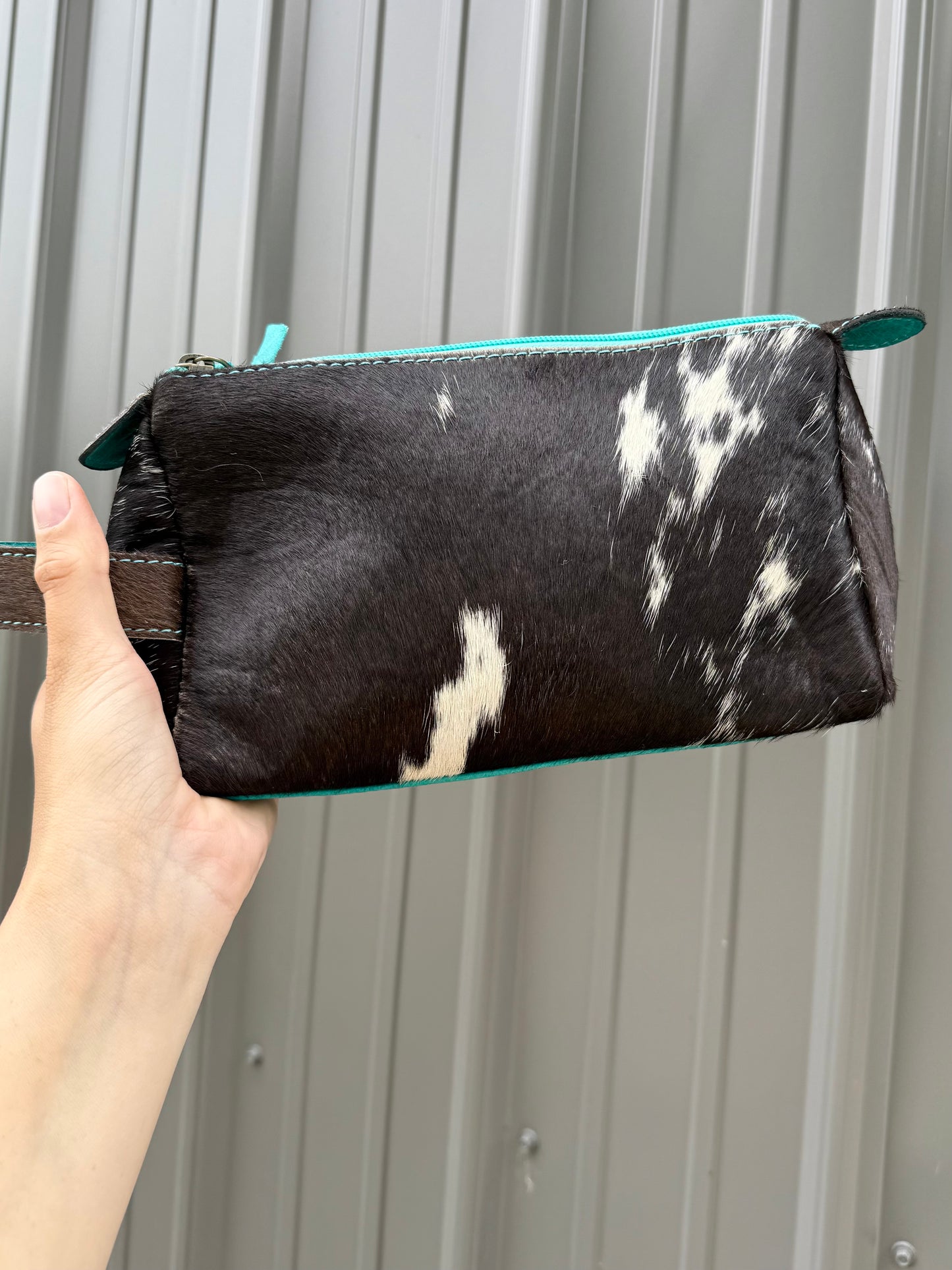 Black Cowhide Turquoise Makeup Cosmetic Bag