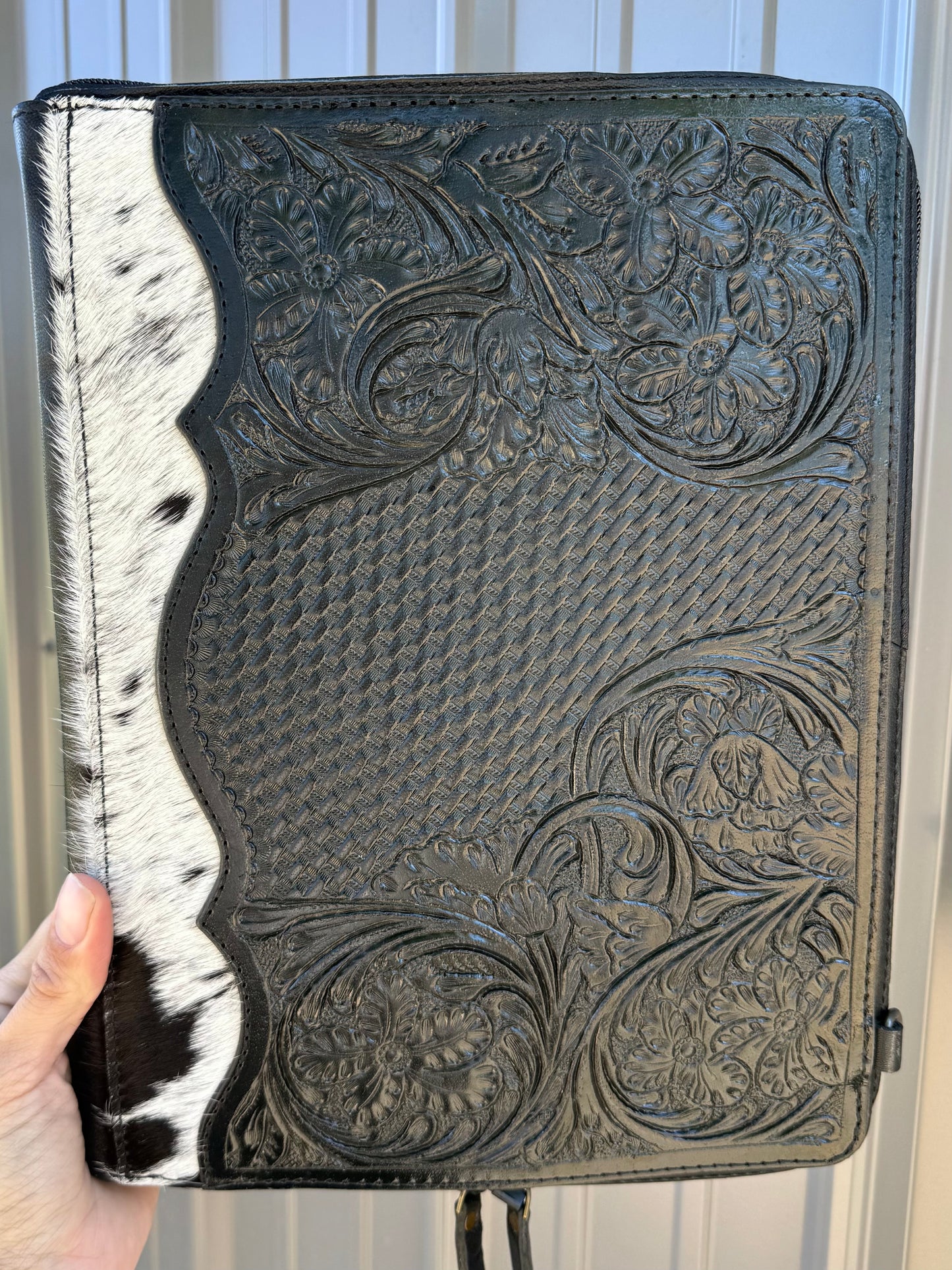 Black Tooled Leather Binder Planner Tooled Leather Cowhide with Crossbody Strap