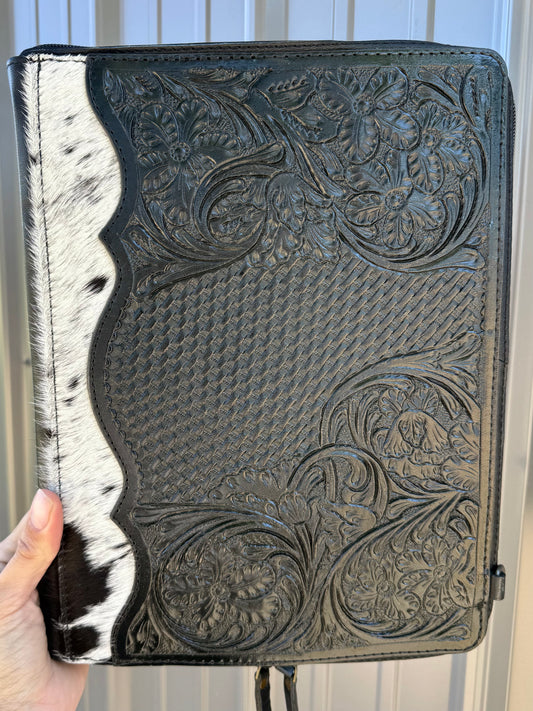 Black Tooled Leather Binder Planner Tooled Leather Cowhide with Crossbody Strap