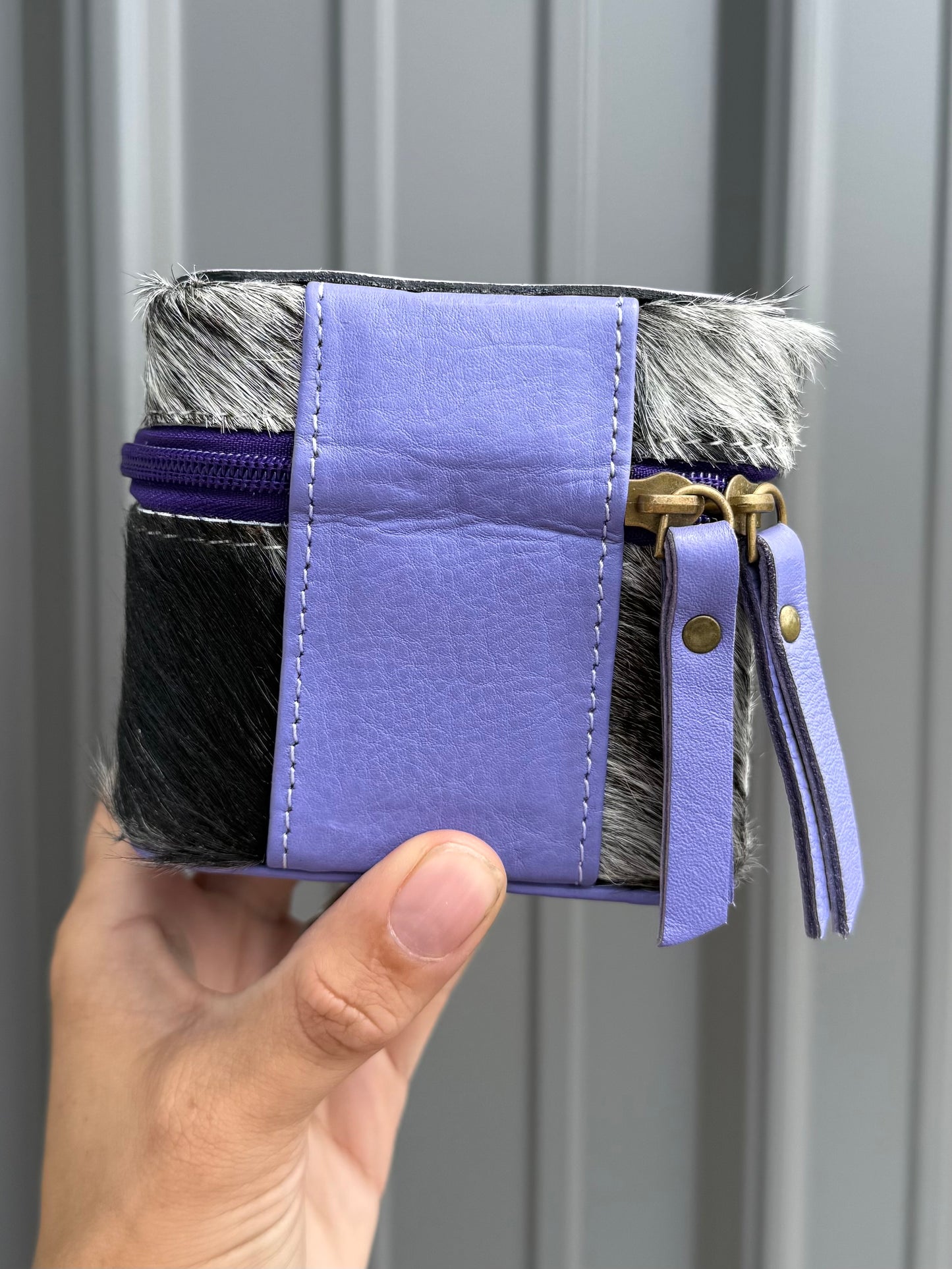 Lavender Purple Tooled Top Speckled Cowhide Square Jewelry Zipper Box