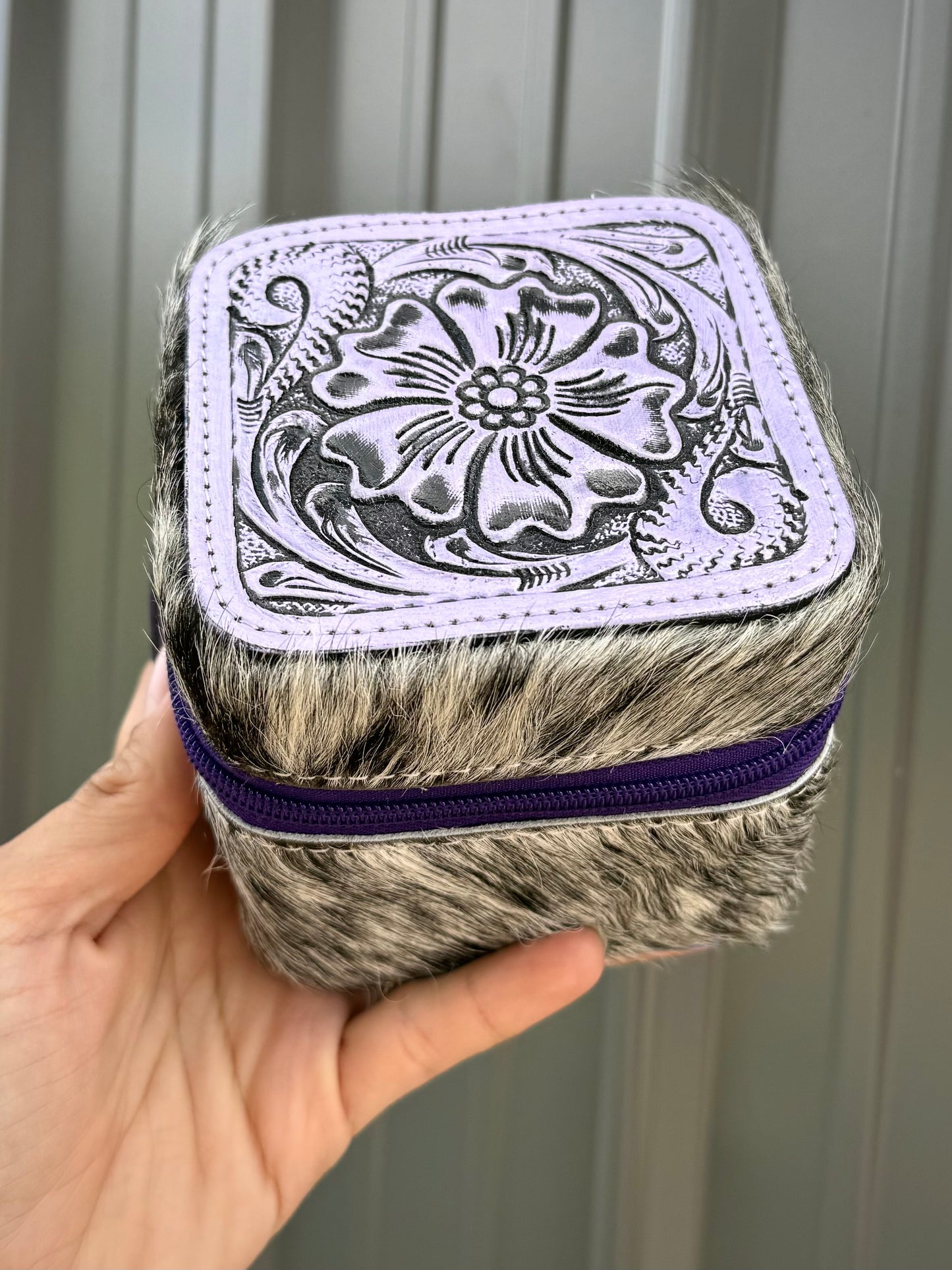 Lavender Purple Tooled Top Speckled Cowhide Square Jewelry Zipper Box